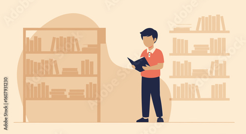 Young Man Absorbed In Reading Inside The Library Next To Bookshelves
