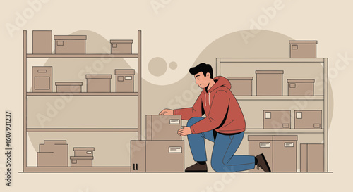 Young Man Arranging Boxes on Shelves in a Minimalist Storage Room