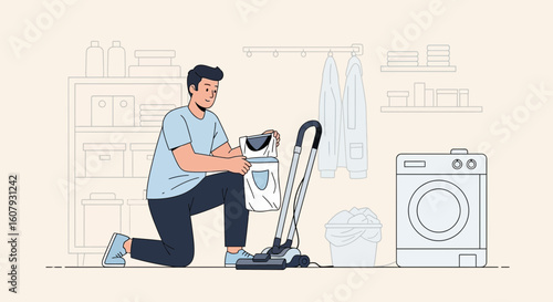Young Man Cleaning a Laundry Room with Vacuum and Shirt Bag Illustration