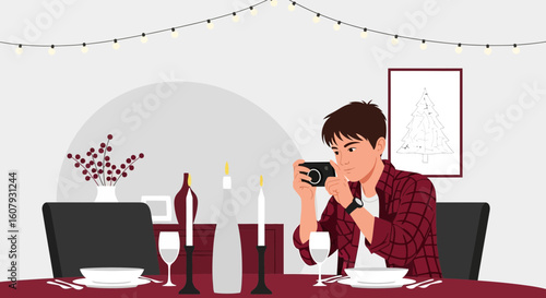 Young Man Captures Holiday Dinner Moment With Mobile Phone Portrait Concept