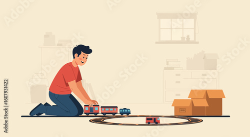 Young Man Enjoys Playing With Toy Train Set In His Room Indoor