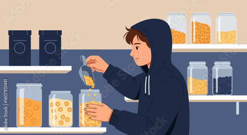 Young Man Filling a Jar with Grain at Zero Waste Market Store Lifestyle