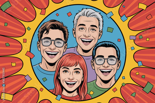 Celebrating Friendship A Vibrant Pop Art Illustration of Four Happy Friends