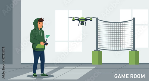 Young Man Flying Drone Indoors Skillfully Through The Net In Game Room