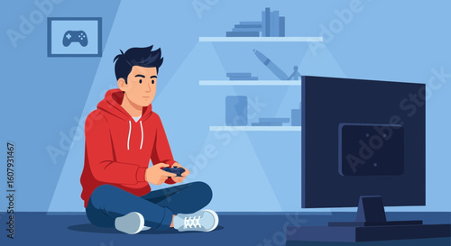 Young Man Immersed In A Digital World Playing Video Game At Home