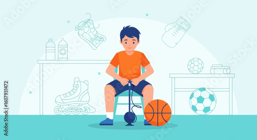 Young Man Inflating Basketball With a Hand Pump in a Room Full of Sport Items