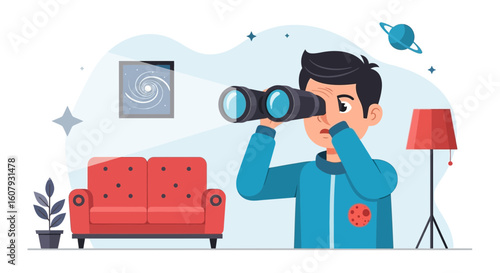 Young Man Looks Into The Distance Through Binoculars From His House