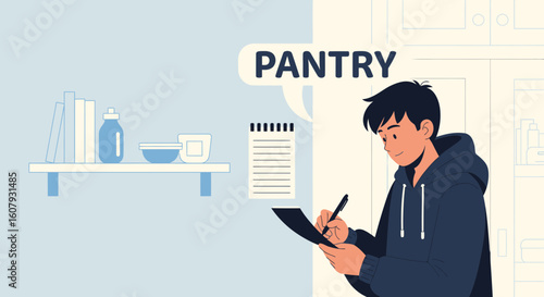 Young Man Making Grocery List For Pantry Organization In Kitchen Interior