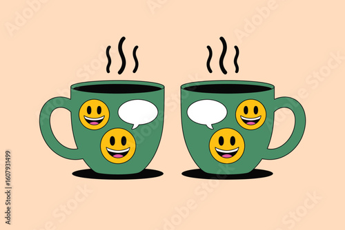 Happy Coffee Cups A cheerful illustration of two coffee mugs adorned with smiley faces, engaging in a friendly chat, perfect for communication and positive vibes.