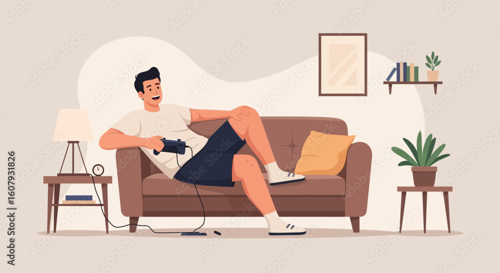Fototapeta premium Young Man Relaxing On Sofa While Playing Video Games At Home