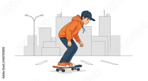Young Man Skating Through The Urban Landscape With Modern City Background