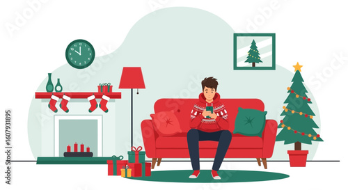Young Man Using Smartphone While Relaxing At Home During Christmas Holiday