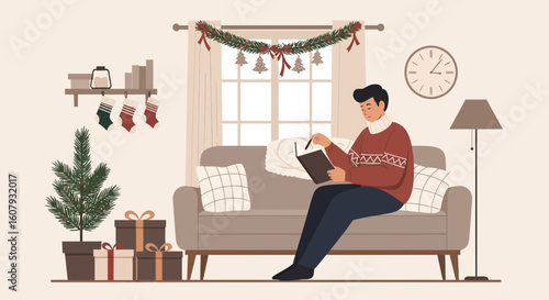 Young Man Writes In Notebook, Sitting On Sofa Decorated For Christmas