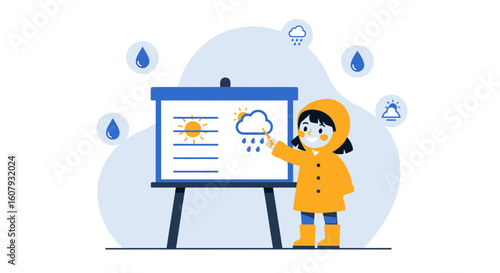 Young Meteorologist Predicts The Weather At Her Board In Class Learning Concept