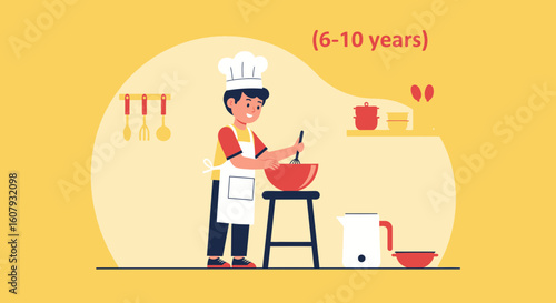 Young Master Chef Cooking Delicious Recipe in Kitchen Illustration