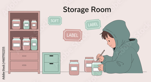 Young Person Labeling Jars in Storage Room Illustration Stock Artwork
