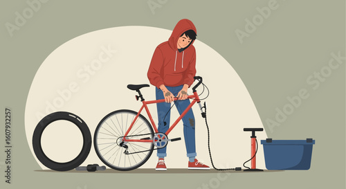 Young Person Repairing A Bicycle In A Bright Indoor Space With Tools