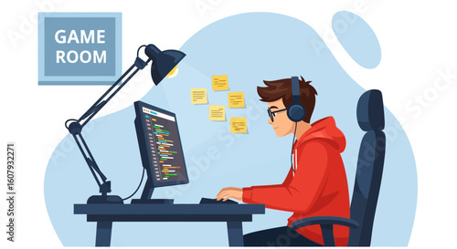 Young Programmer Working On Software Development Project From Home Game Room
