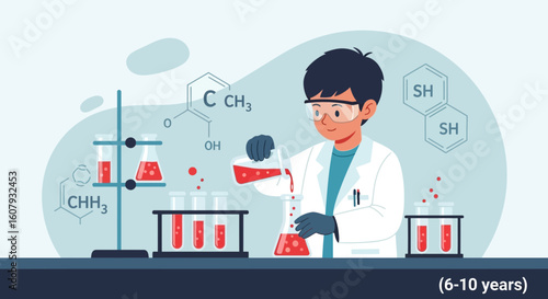 Young Scientist Conducting Experiment in Laboratory with Chemical Formulas