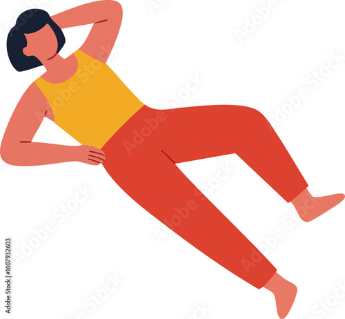 Woman lying down resting with hand behind head wearing yellow top and red pants vector illustration 
