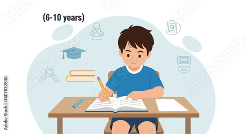 Young Student Doing Homework At Desk With Education Icons Behind Him