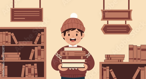 Young Student Holding Stack of Books in Library Ready to Read More Novels