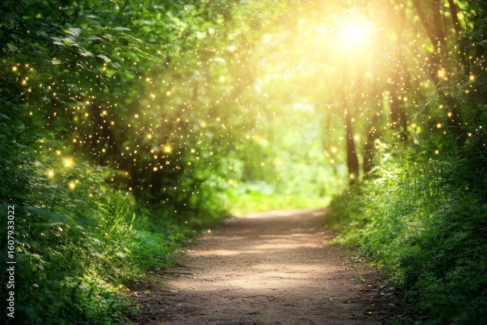 Obraz premium At dusk, a dense forest becomes a wonderland of enchantment, illuminated by the soft, flickering lights of countless fireflies