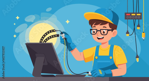 Young Technician Connecting Cables To A Computer For Modern Technology Solutions