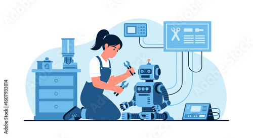 Young Technician Repairing A Toy Robot With Special Equipment In The Laboratory