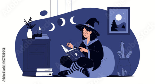 Young Witch Learning Spells in Her Room with Moon Phases and Magic Elements