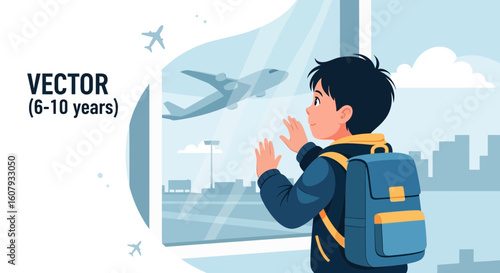 Young Voyager Gazing At Airplane Through Airport Window On Arrival Day