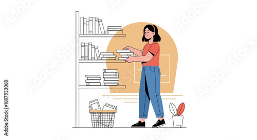 Young Woman Arranging Books On A Bookshelf In A Cozy Room Illustration