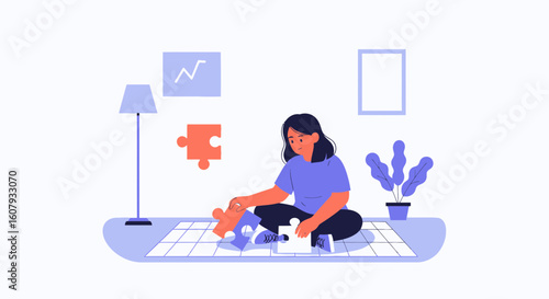 Young Woman At Home Completing A Puzzle For Personal Growth Concept