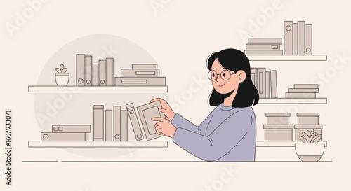 Young Woman Arranging Books on Shelves At Home Bookworm Hobby