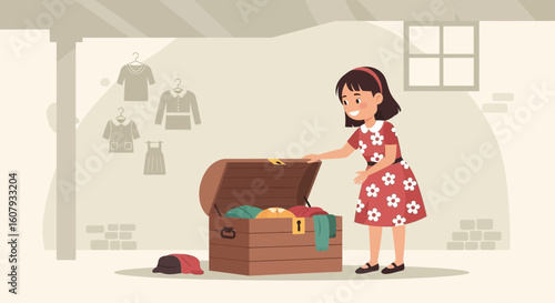 Young Woman Discovering Childhood Treasures in a Vintage Wooden Chest Indoors