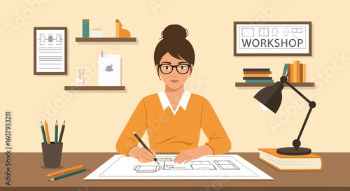 Young Woman Designing a Blueprint at Her Desk in a Workshop Environment