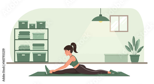 Young Woman Doing Splits Exercise At Home In A Minimalist Green Room