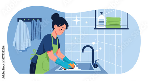Young Woman Doing Dishes With Gloves Cleaning Kitchen Sink At Home