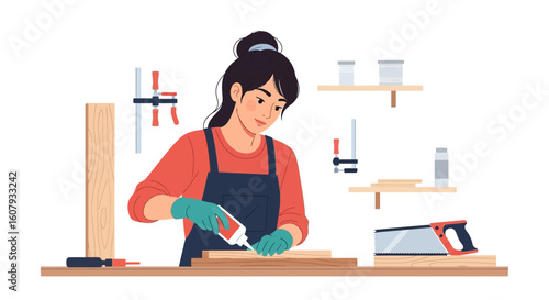 Young Woman Engaged in Woodworking Project in a Brightly Lit Workshop Studio