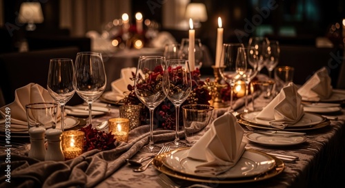 Elegantly set table for a formal dinner, candles and glassware shimmering