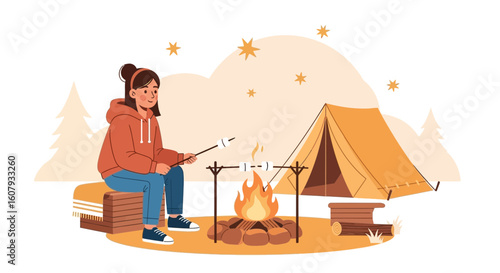 Young Woman Enjoying A Cozy Camping Trip Roasting Marshmallows By The Fire