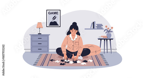 Young Woman Enjoying A Relaxing Puzzle Game In A Cozy Home Environment