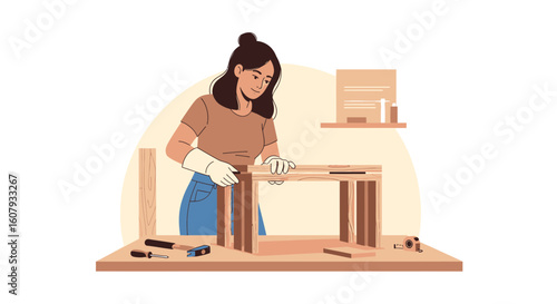 Young Woman Enjoying Carpentry Working On a Woodworking Project At Home