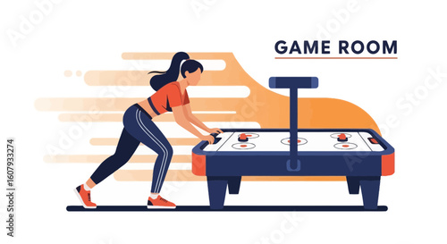 Young Woman Enjoying Air Hockey Game In Game Room For Active Lifestyle