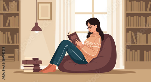 Young Woman Enjoying Cozy Reading Time in Her Home Library Nook