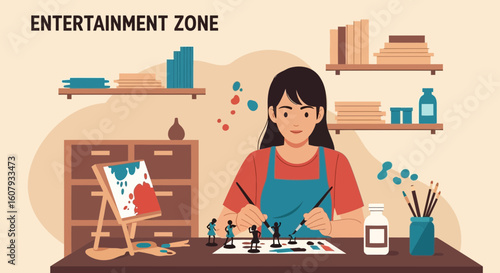 Young Woman Immersed In A Creative Hobby Painting Figurines At Home Enjoying Leisure Time