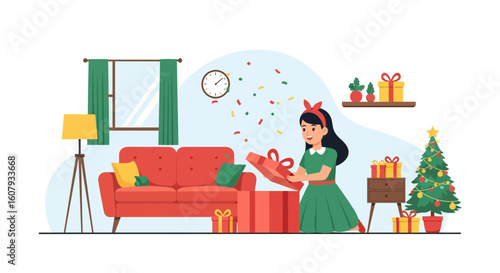 Young Woman Opens a Gift Box in the Living Room During Christmas Time