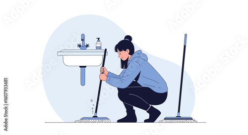 Young Woman Mopping Bathroom Floor In Modern Minimalistic Home Interior
