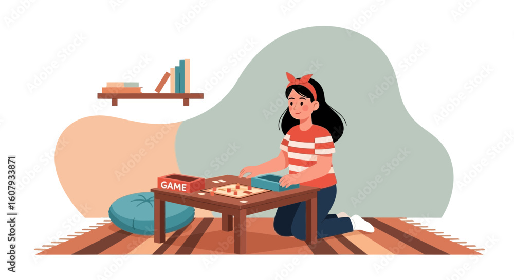 Fototapeta premium Young Woman Playing Board Game at Home Enjoying a Relaxing Indoor Hobby