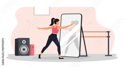 Young Woman Practicing Dance Exercises in a Dance Studio Reflection